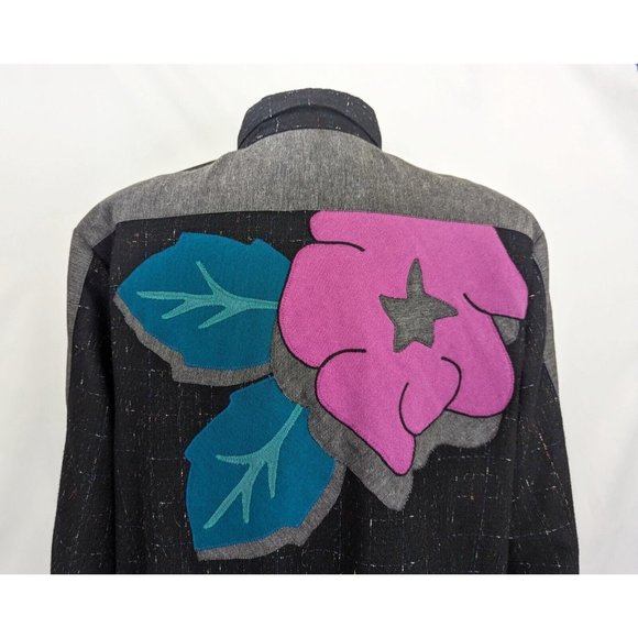 Vintage 80s Jacket Sally Von Werlhof Black Gray Wool Blend Floral Tweed Size M - Picture 6 of 10